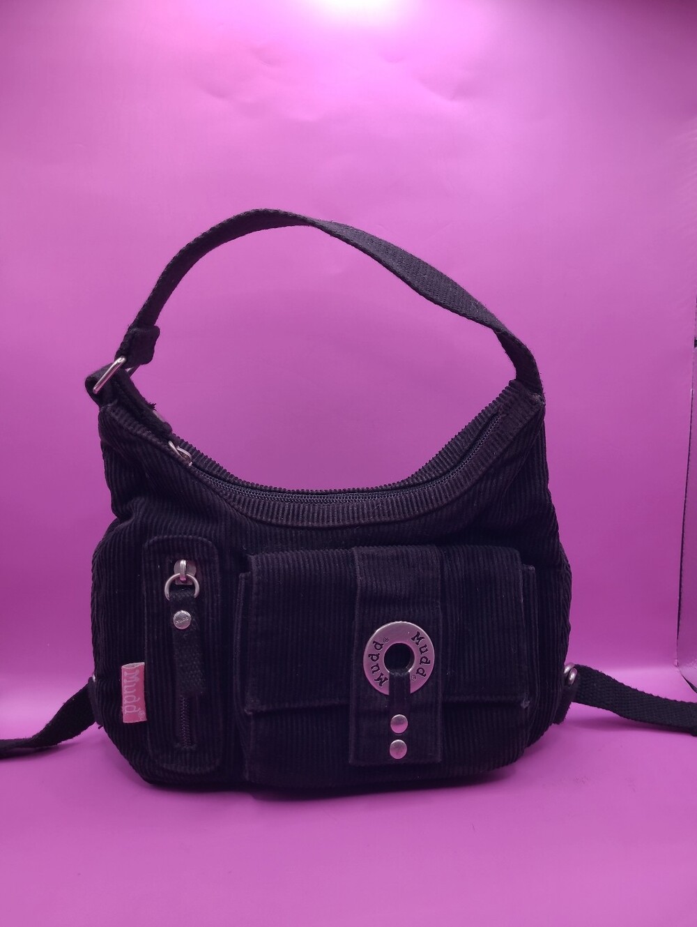 Vintage Y2K Mudd Black Corduroy Mini Shoulder Bag Cargo Utility Pockets Hobo